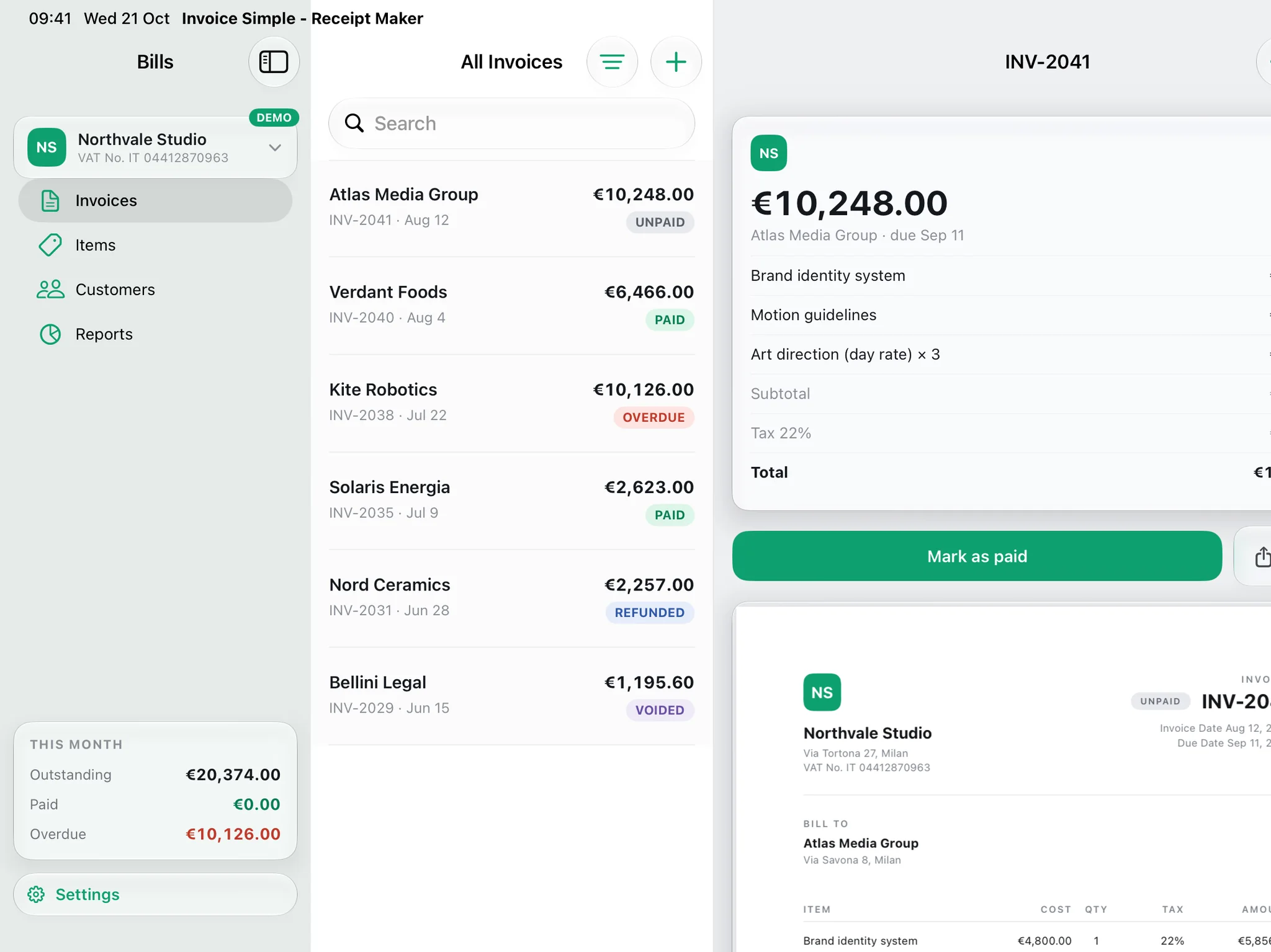 Bills on iPad in landscape: the sidebar, the invoice list and an unpaid invoice