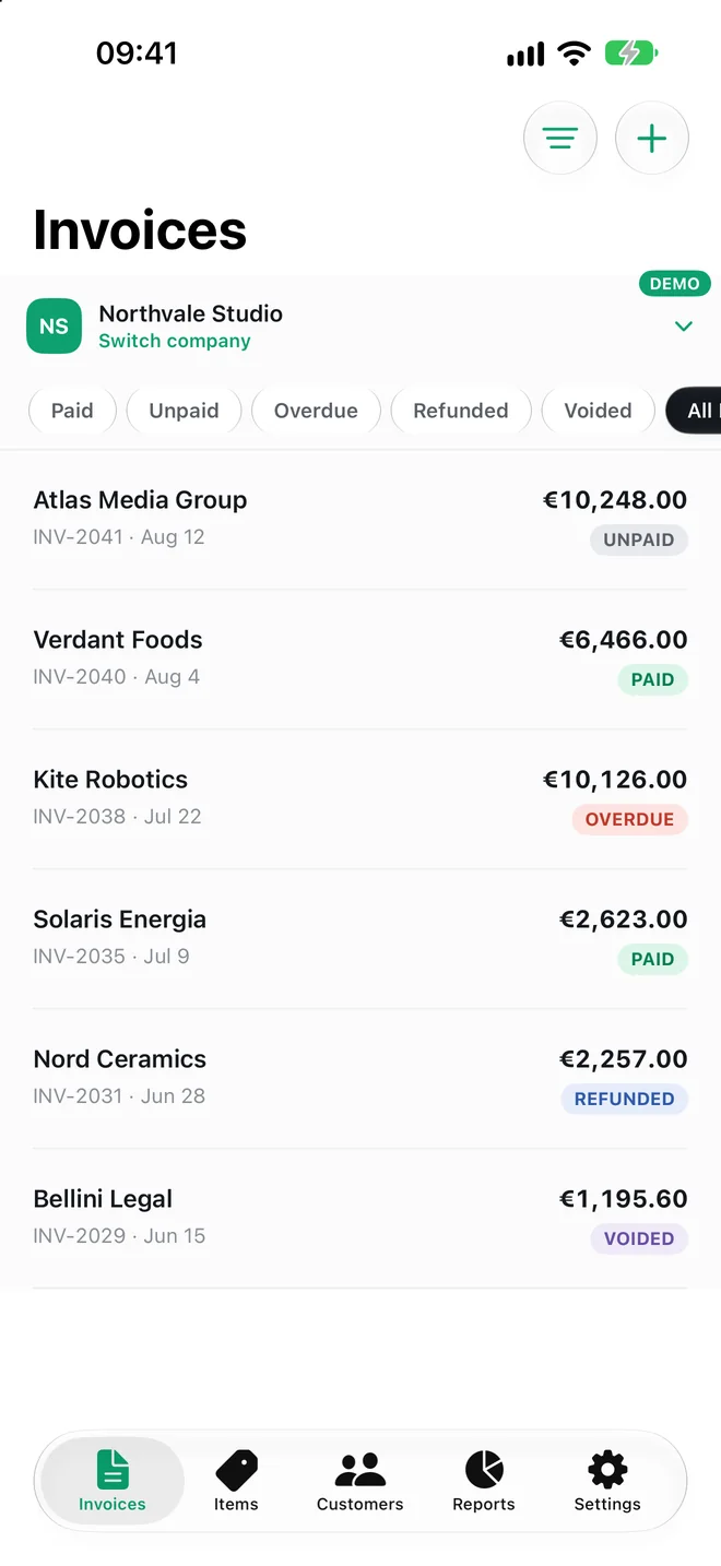 Bills on iPhone: the invoice list with the status filters