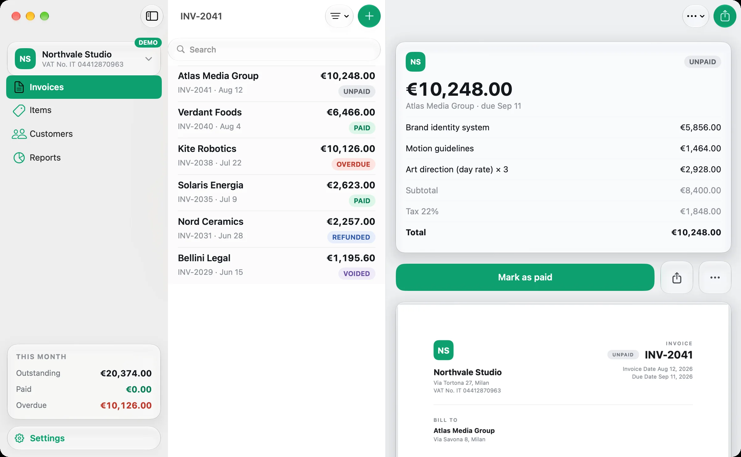 Bills on Mac: the invoice list of Northvale Studio and an unpaid invoice of €10,248 with its lines, tax, total and the Mark as paid button