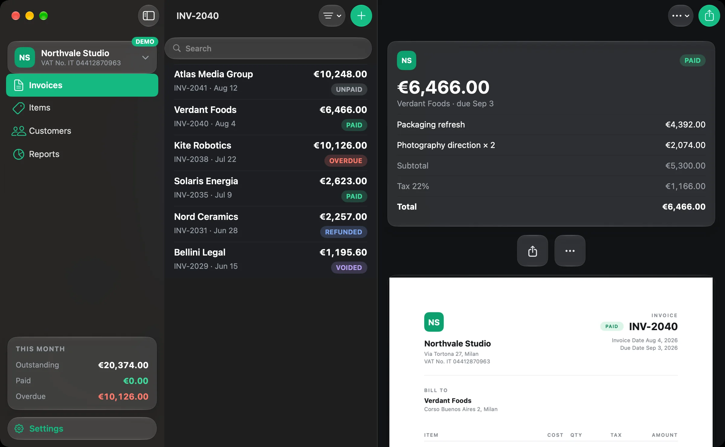 Bills on Mac in dark appearance: a paid invoice of €6,466 with the PDF preview