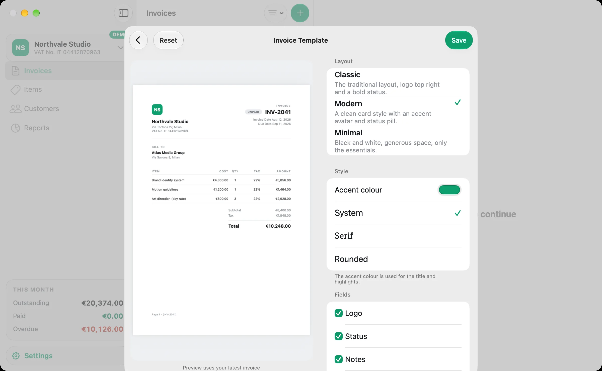 Bills on Mac: the Invoice Template sheet with the Modern layout selected, the accent colour and the field switches beside the PDF preview