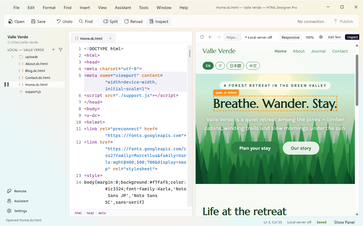 Inspect in the preview outlining an element and lighting up the matching line in the code