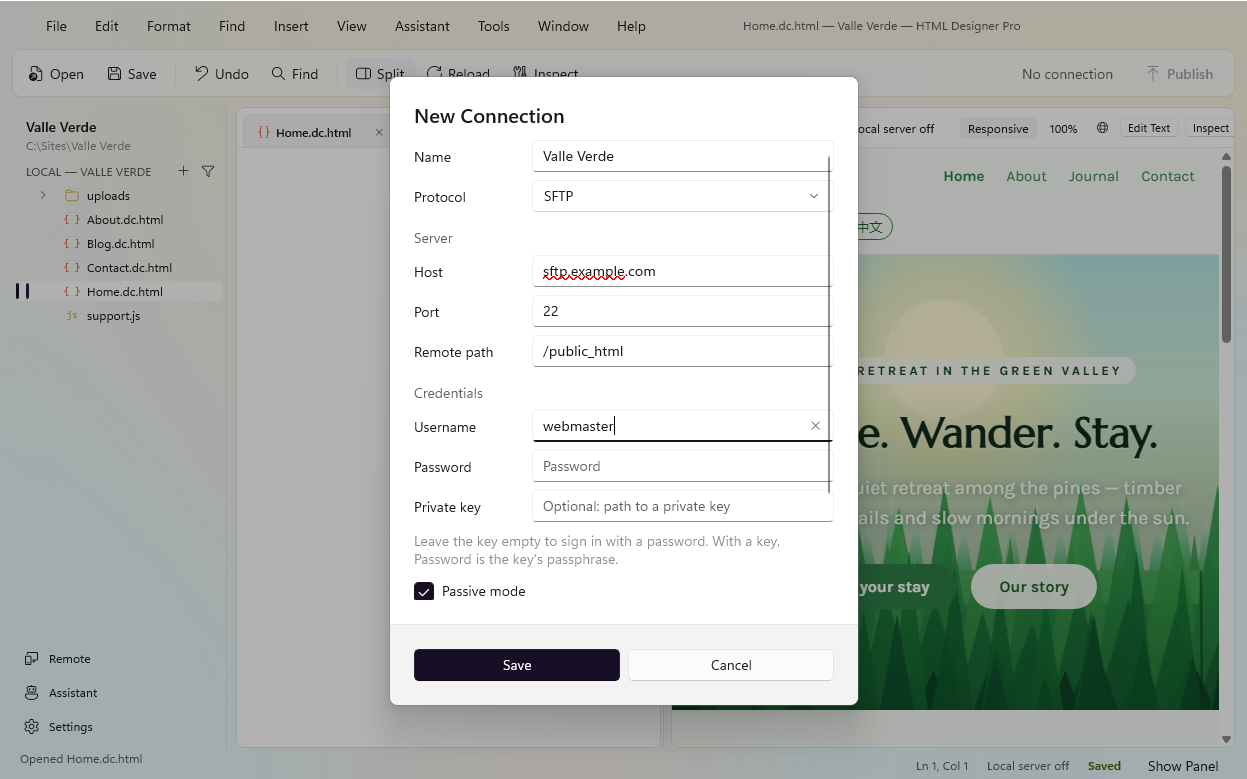 The New Connection sheet with SFTP, host, port and remote path