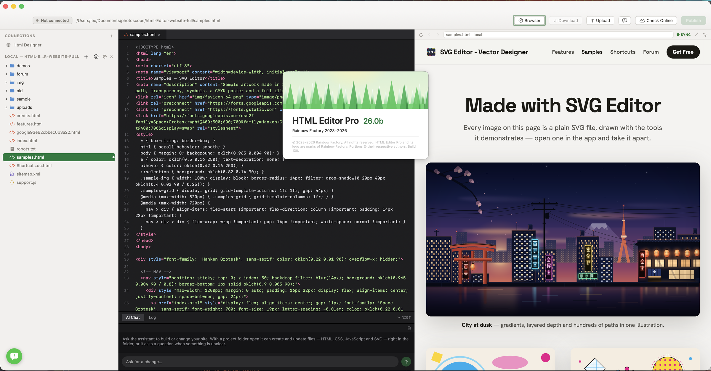 HTML Designer with a project open: code editor, AI Chat, live preview of a website and the About window