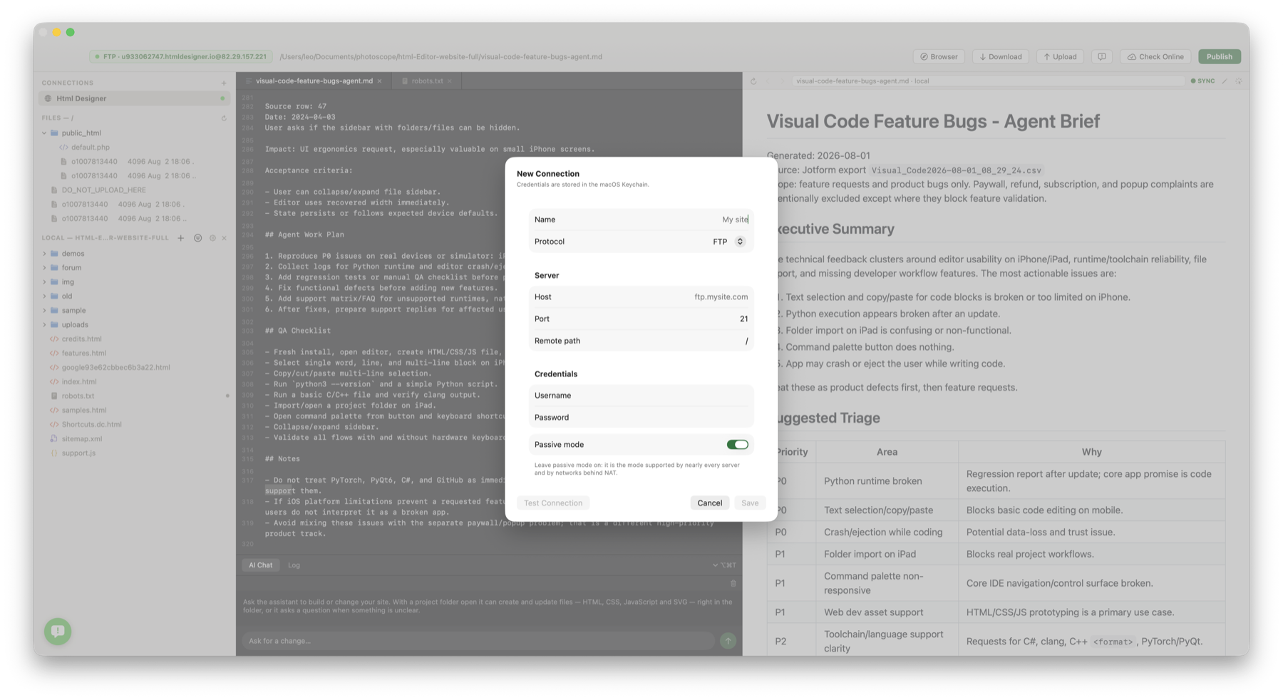 HTML Designer project list and FTP connection workflow