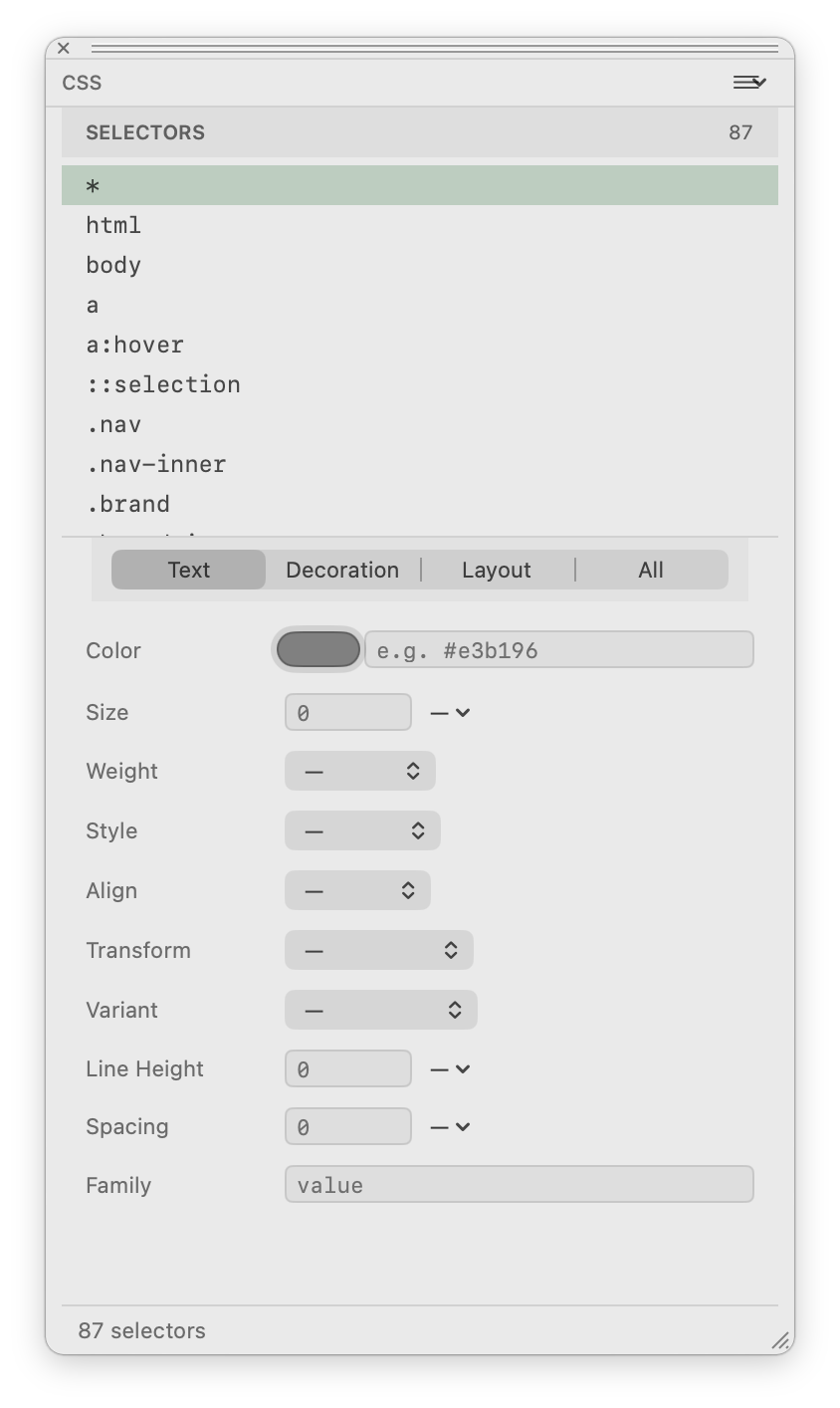 HTML Designer CSS controls palette