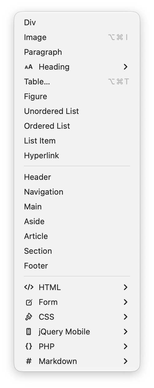 HTML Designer Insert menu with HTML, CSS, PHP and Markdown sections