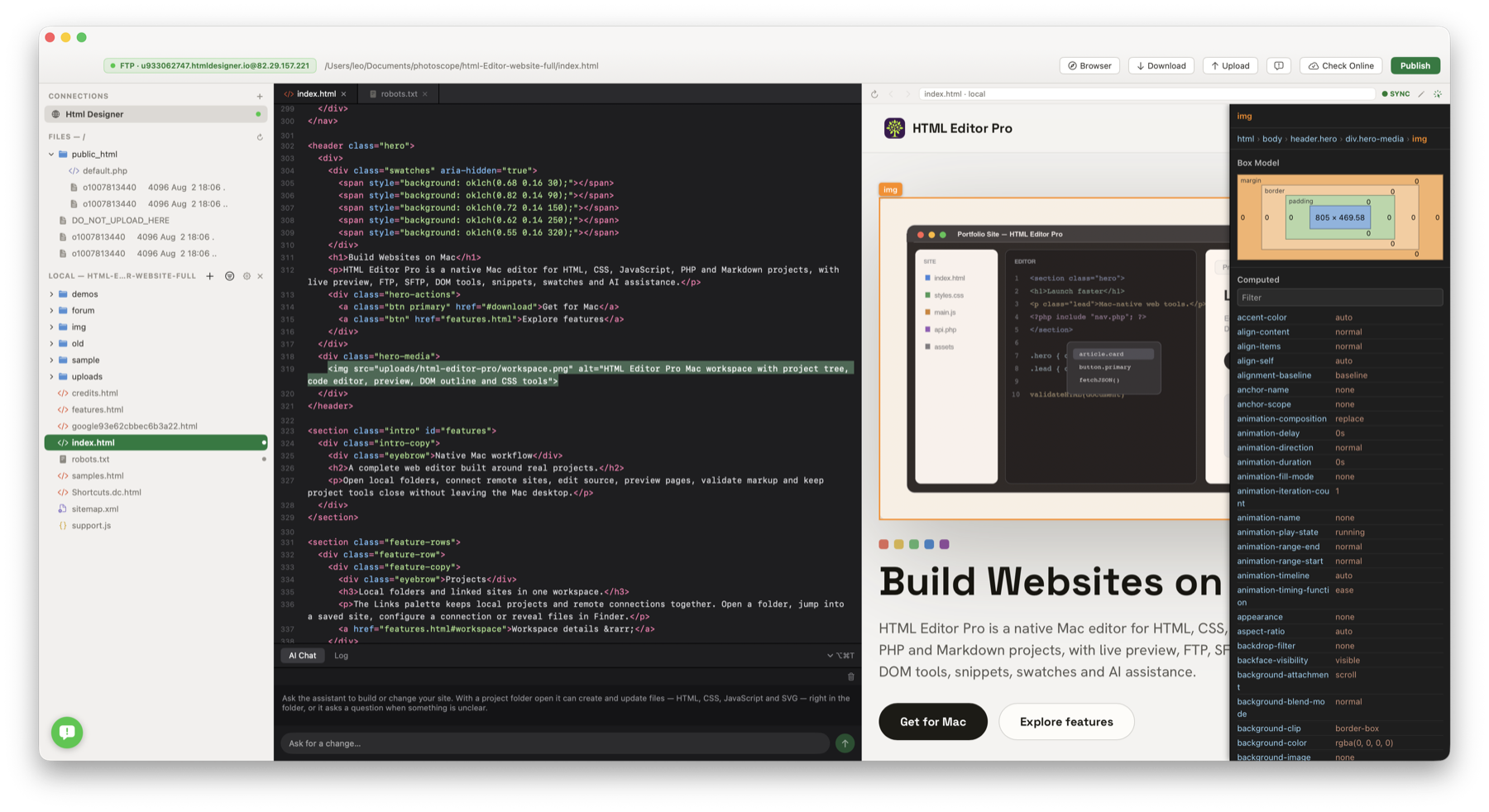 HTML Designer Mac workspace with code editor, live preview and inspector panel