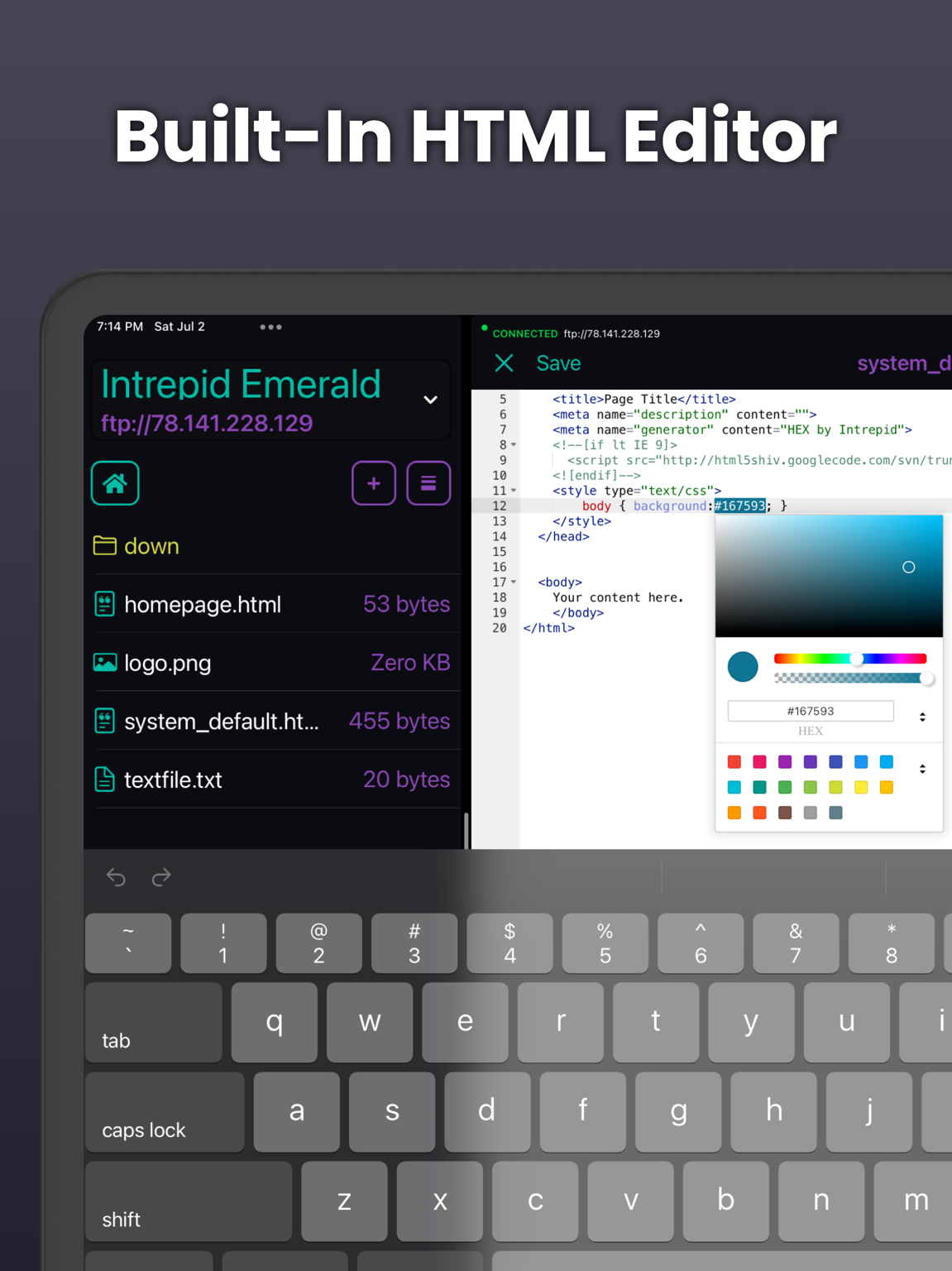 HTML Designer on iPad: code editor with syntax highlighting