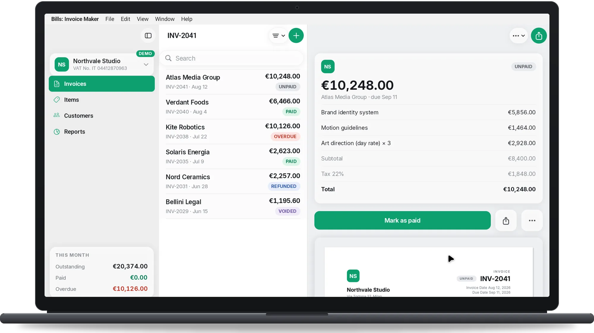 Bills on a Googlebook: the invoice list, an unpaid invoice of €10,248 with its lines and totals, and the Mark as paid button