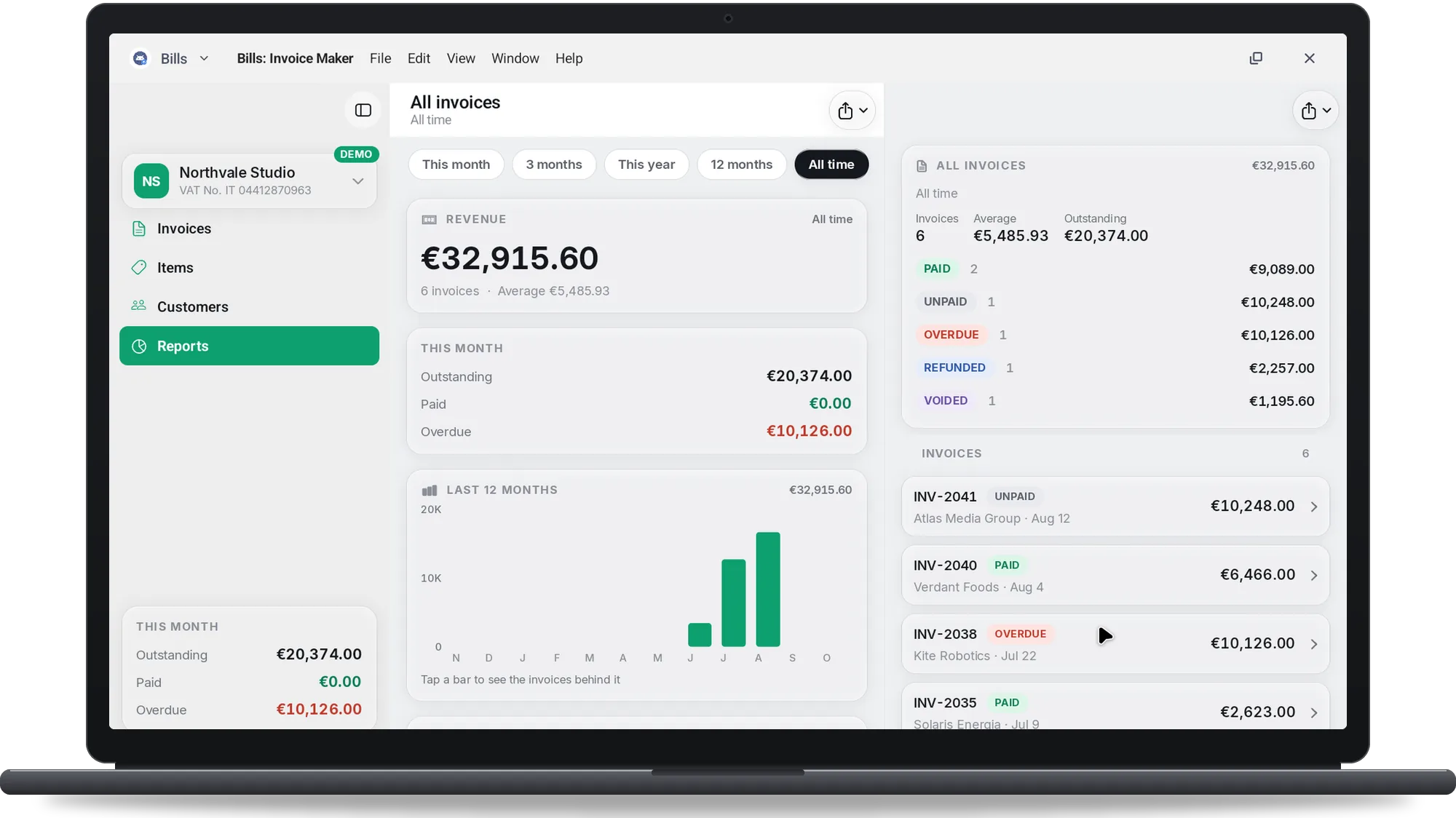 Bills on a Googlebook: Reports with all-time revenue, the last 12 months chart and the invoices by status