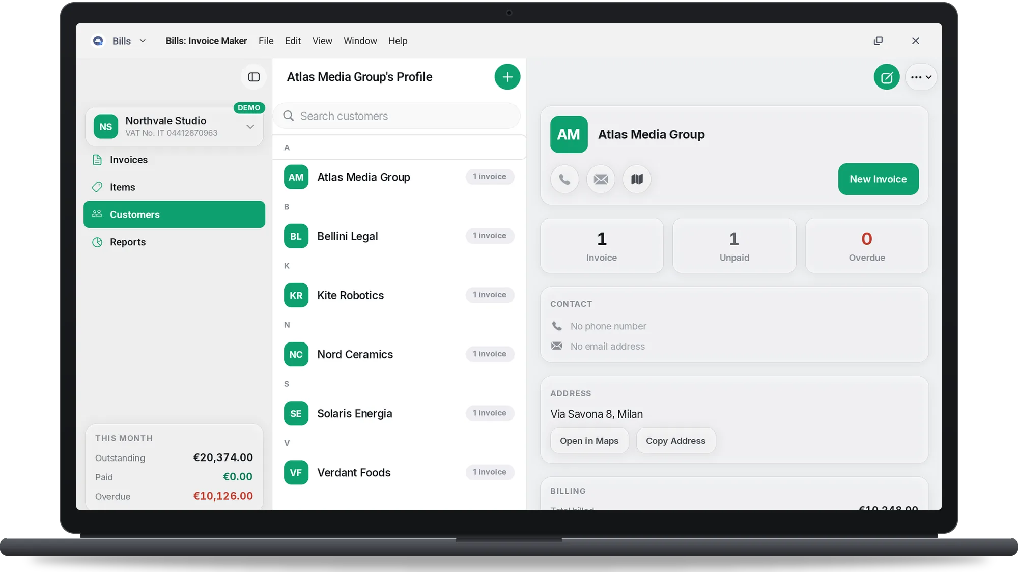 Bills on a Googlebook: the customer list and the profile of Atlas Media Group with its unpaid invoice and address