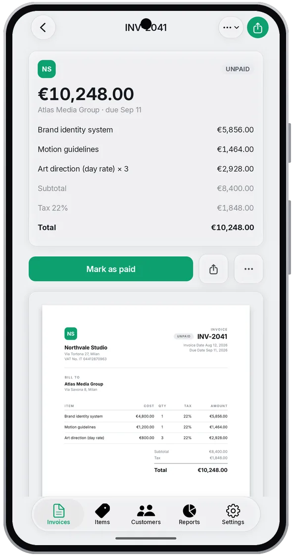 Bills on an Android phone: an unpaid invoice with its lines, tax, total and the PDF preview