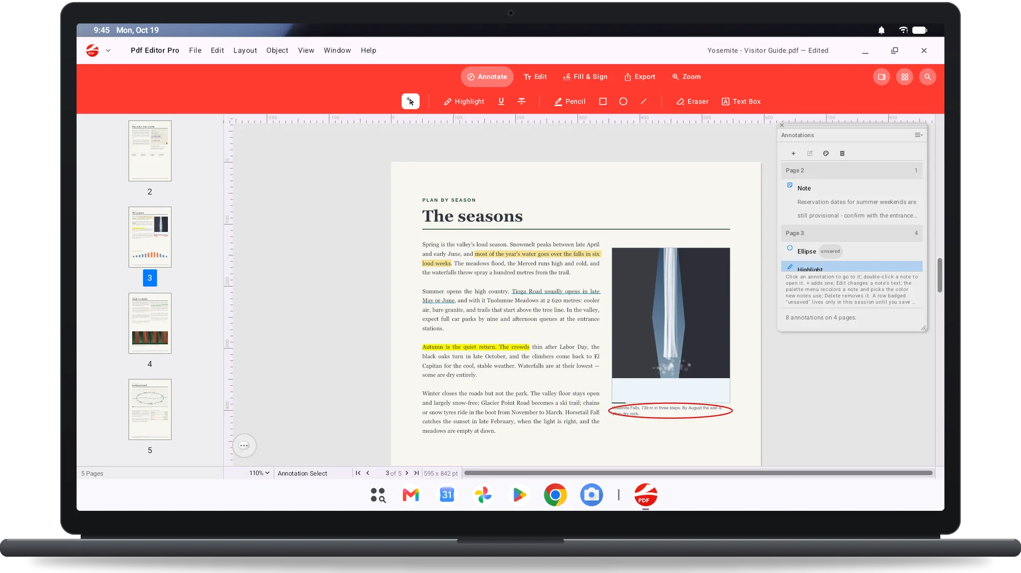 PDF Editor Pro on a Googlebook: a visitor guide with highlights, a note and the Annotations palette