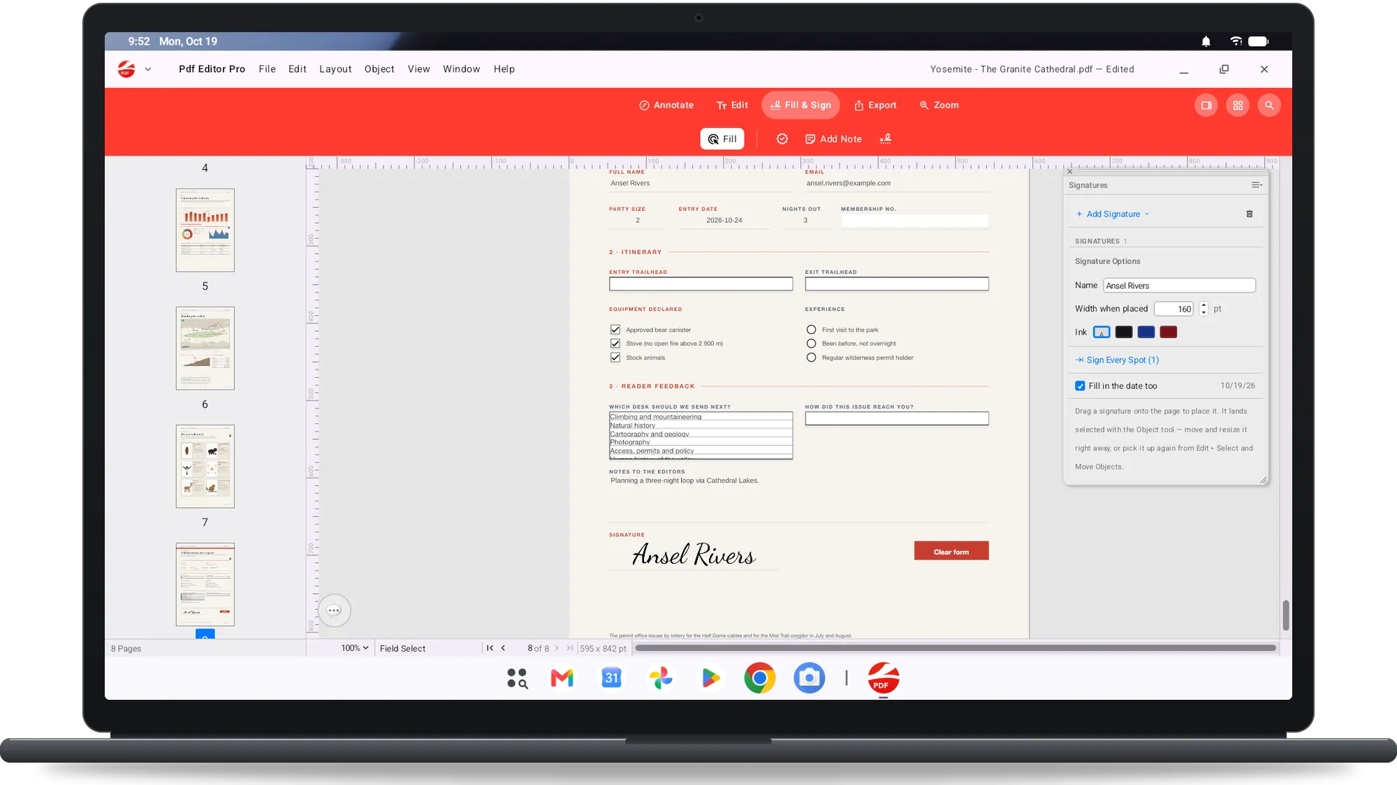 PDF Editor Pro on a Googlebook: a permit request form being filled in and signed