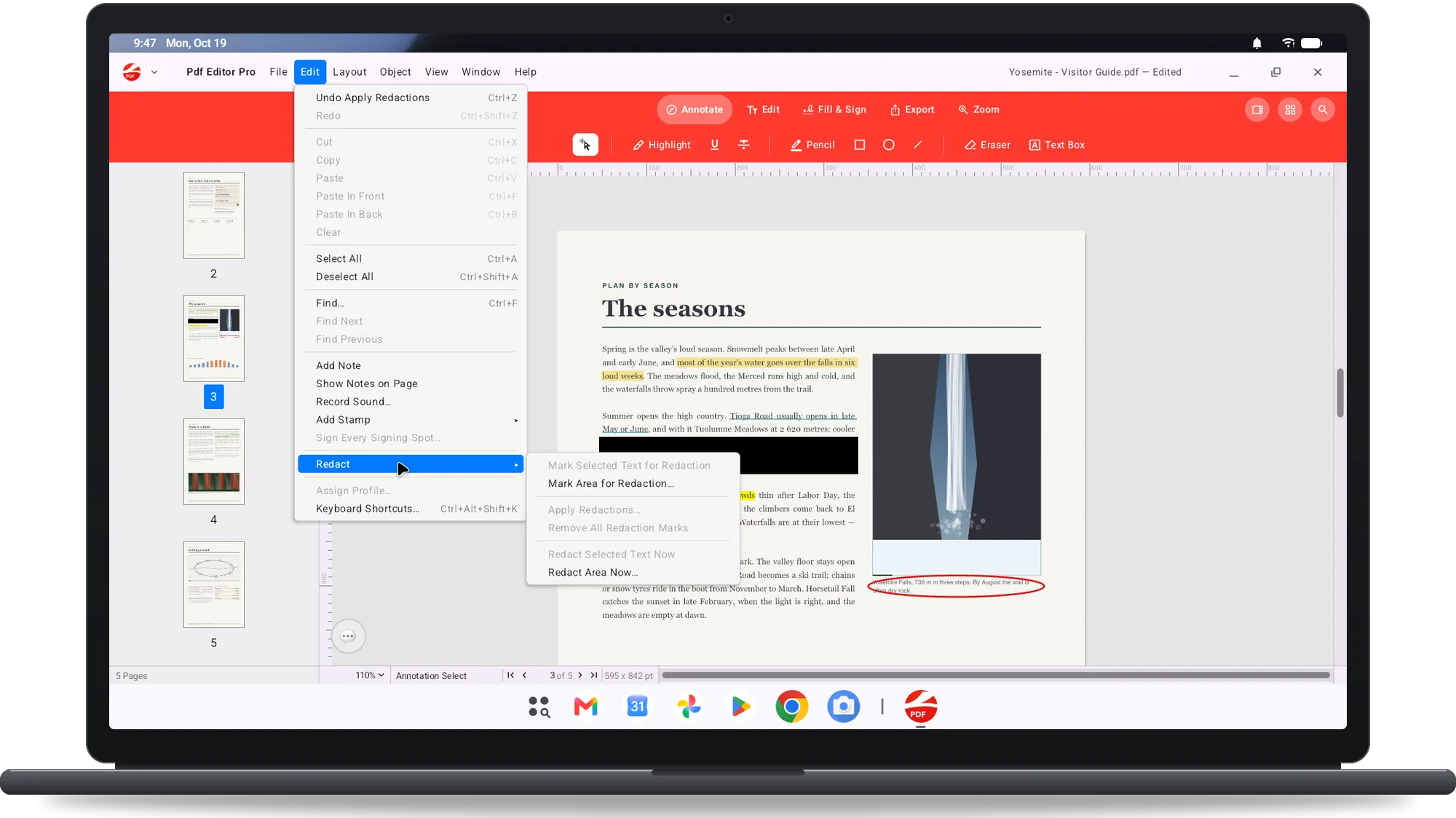 PDF Editor Pro on a Googlebook: the Redact menu over a visitor guide