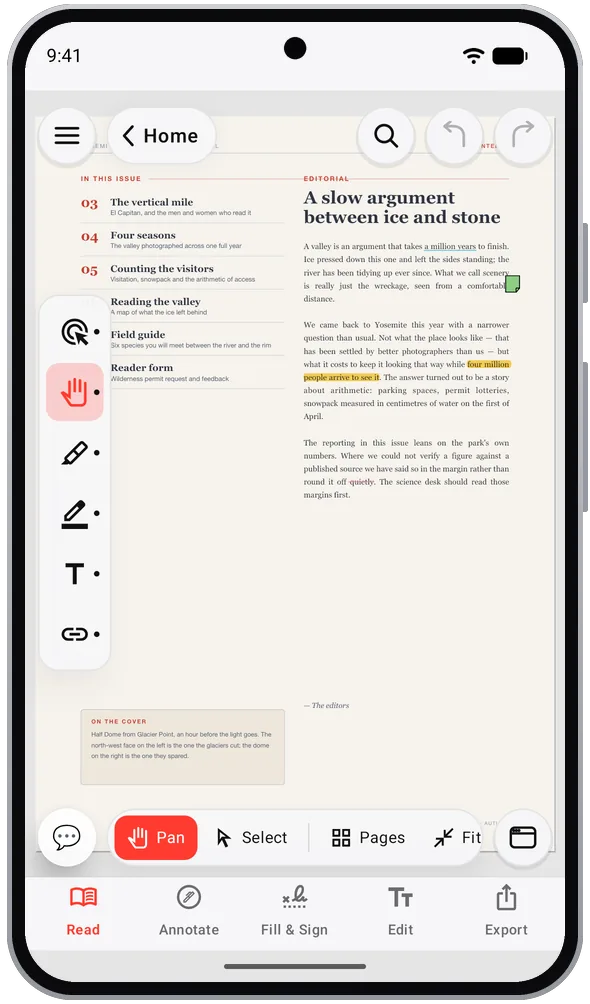 PDF Editor Pro on an Android phone: a magazine draft open in reading mode