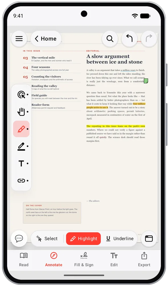PDF Editor Pro on an Android phone: highlighting text in a magazine article