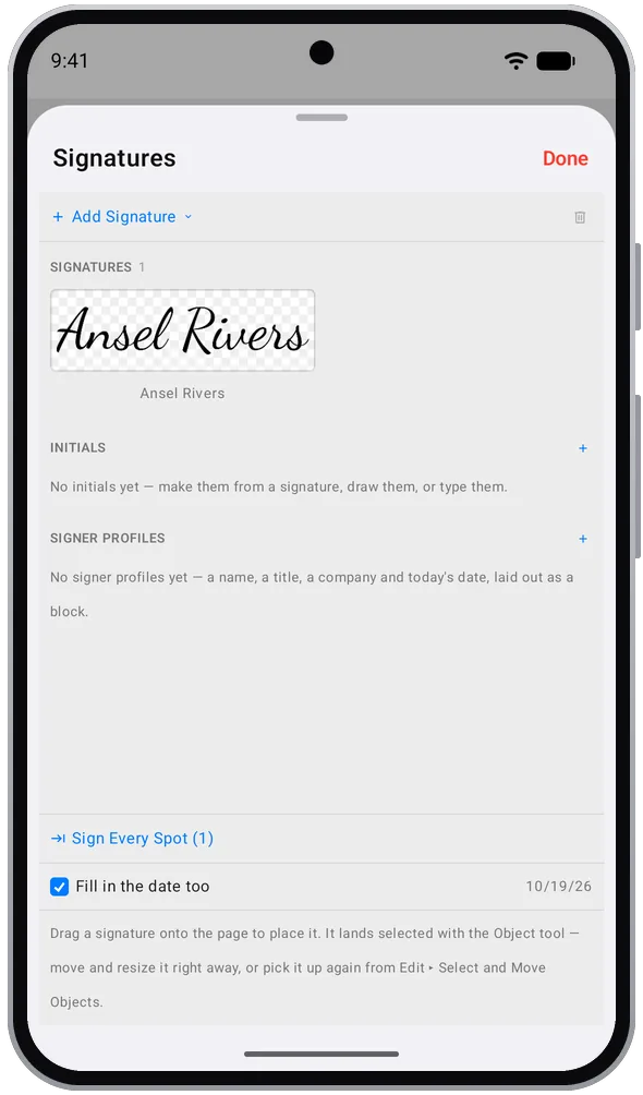 PDF Editor Pro on an Android phone: the Signatures sheet with a saved signature