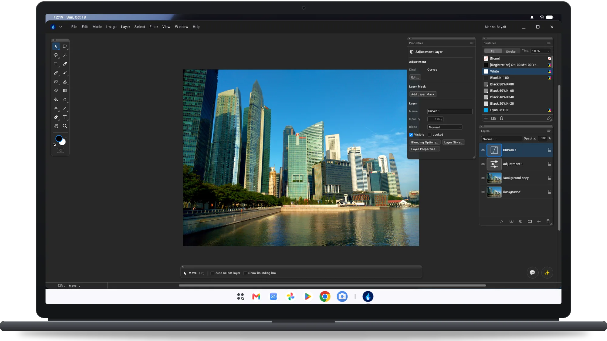 Flare on a Googlebook: a city skyline photo with the Layers and Properties palettes