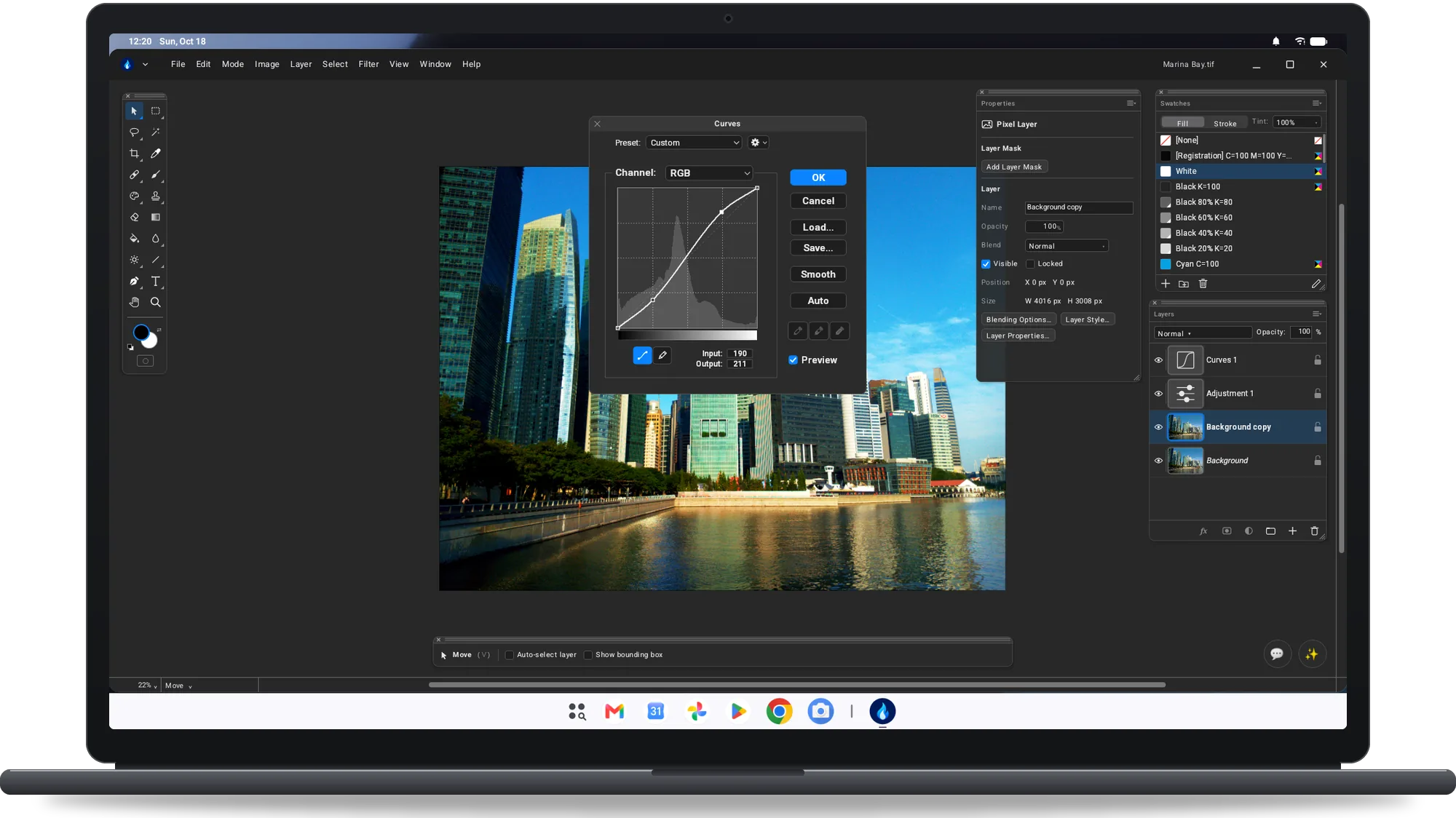 Flare on a Googlebook: the Curves dialog over a skyline photo