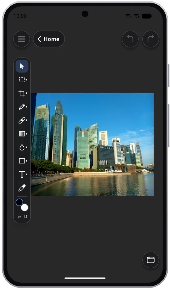 Flare on an Android phone: a skyline photo with the tool strip