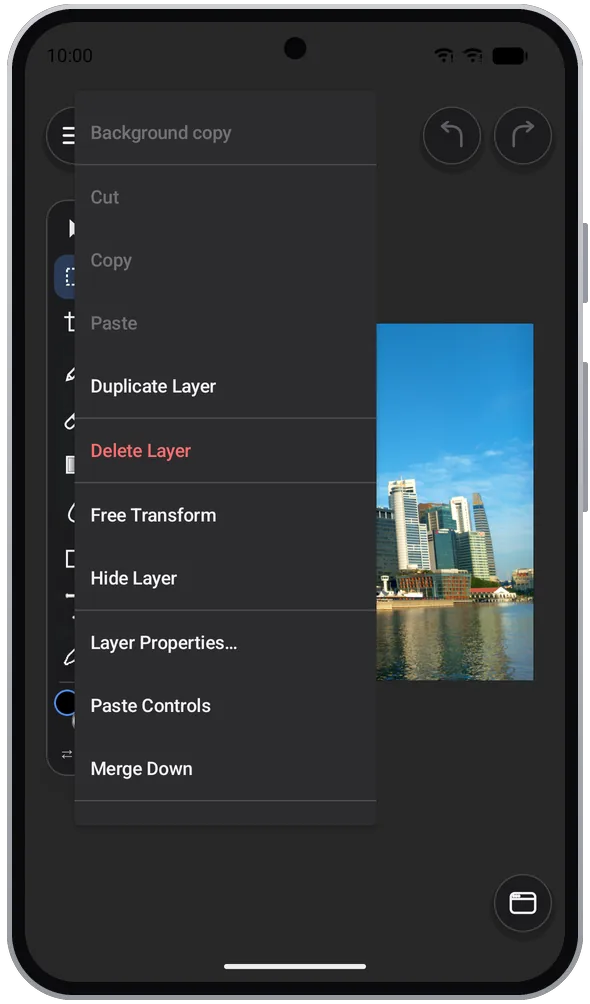 Flare on an Android phone: the layer menu opened with a long press