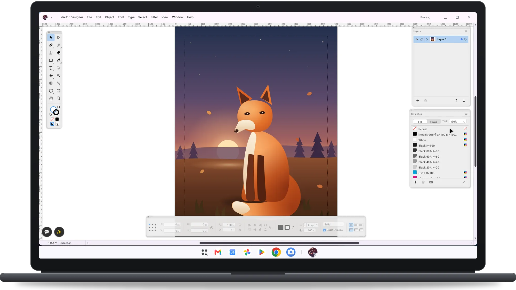 Vector Designer on a Googlebook: a fox illustration with the Swatches and Layers palettes and the Control bar