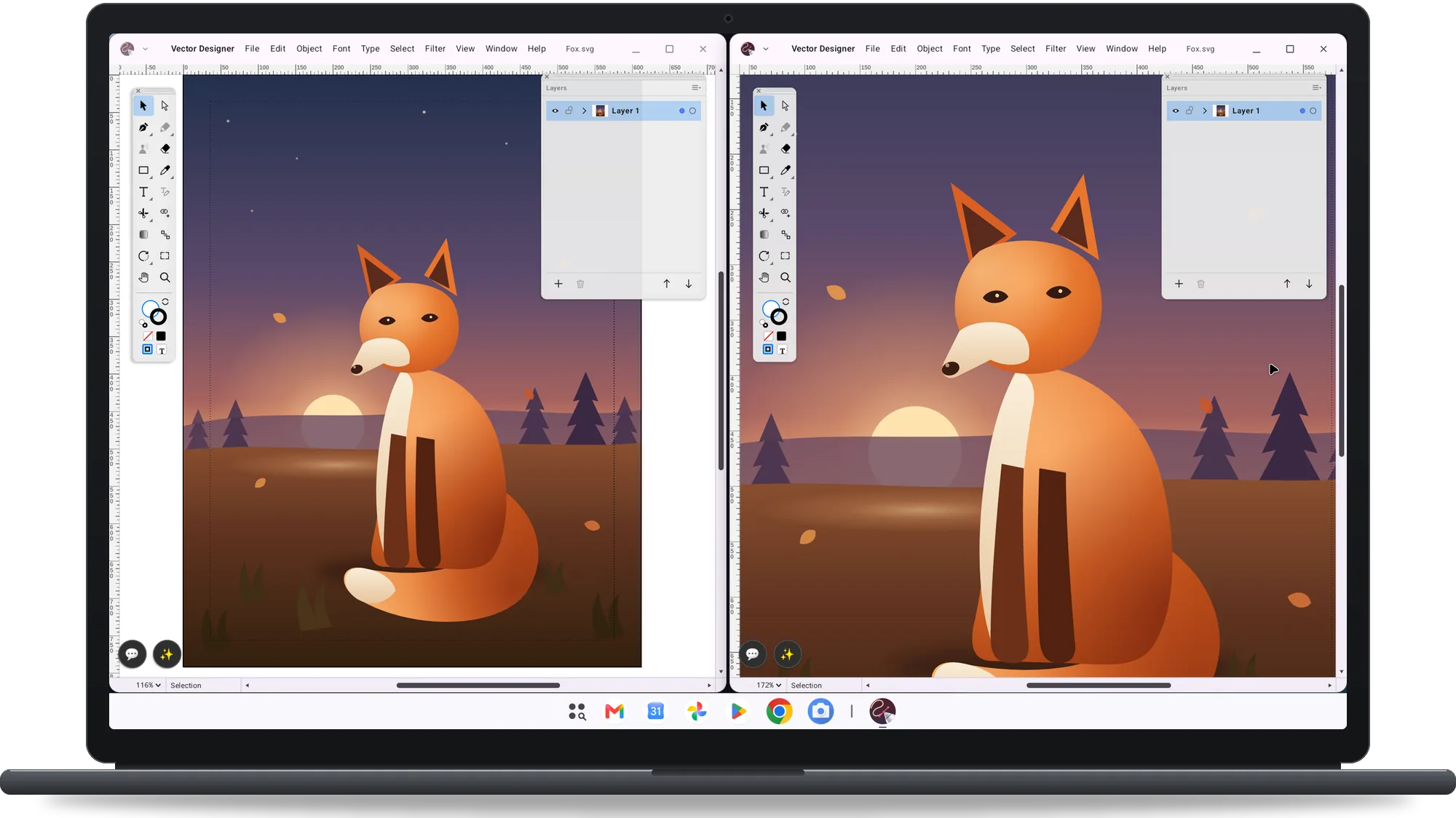Vector Designer on a Googlebook with two document windows side by side