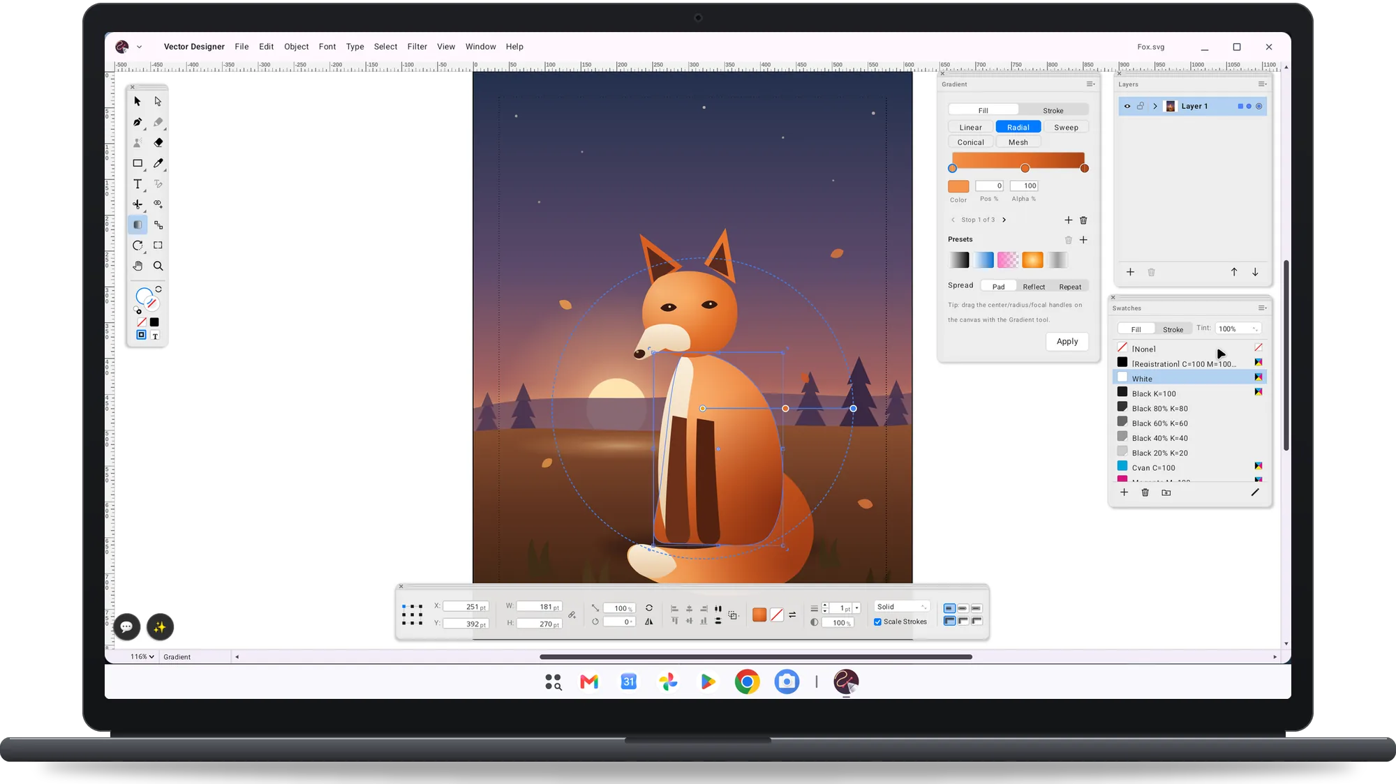 Vector Designer on a Googlebook: a radial gradient edited on the canvas with the Gradient palette open