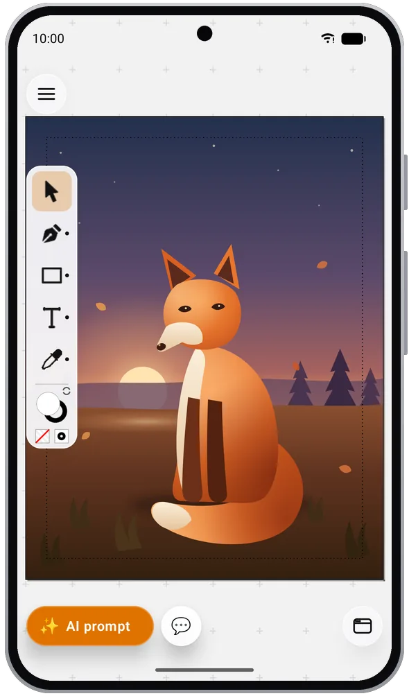 Vector Designer on an Android phone: a fox illustration with the tool strip