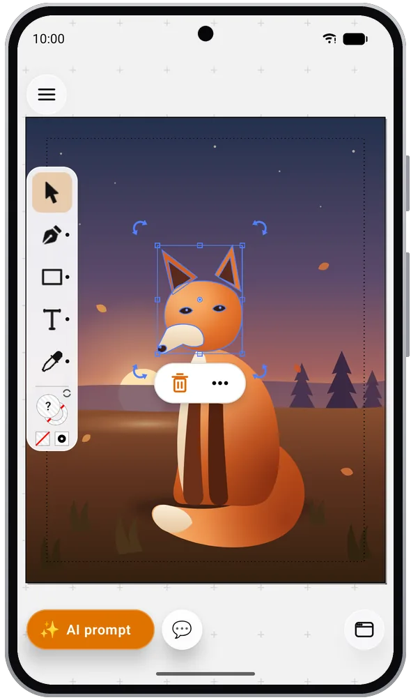 Vector Designer on an Android phone: the fox's head selected with its transform handles