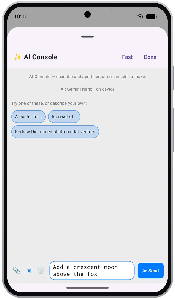 The AI Console on an Android phone with a prompt to add a crescent moon above the fox