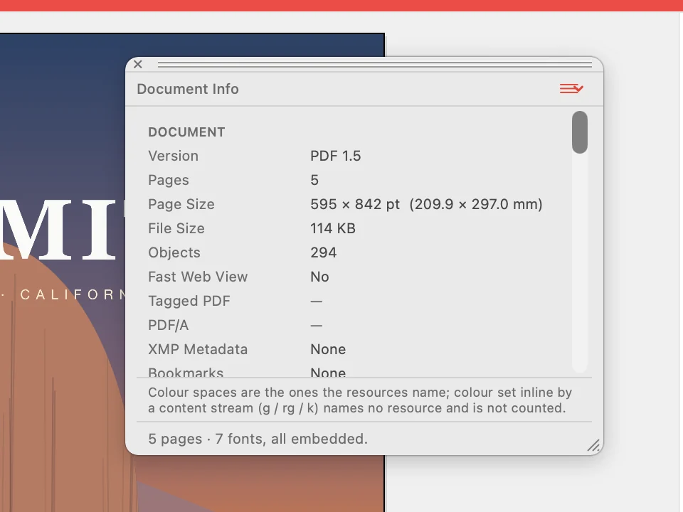 Document Info palette in use over an illustration