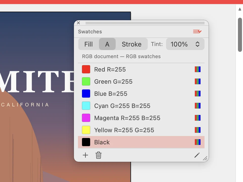 Swatches palette in use over an illustration