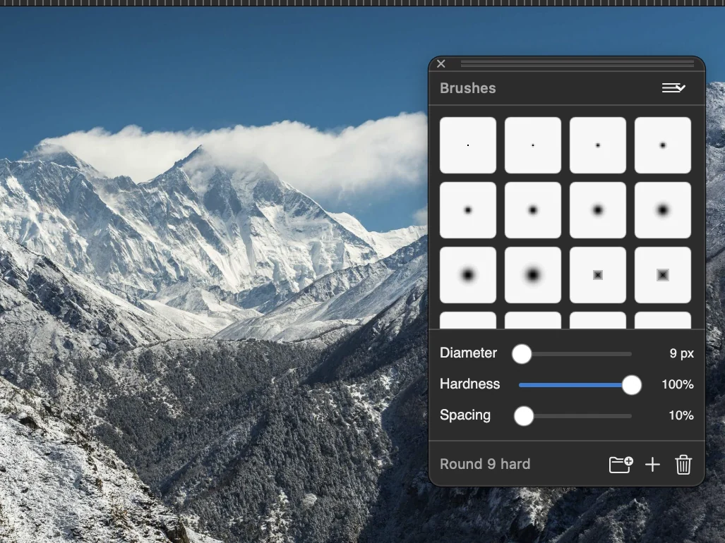 Brushes palette in use over an illustration