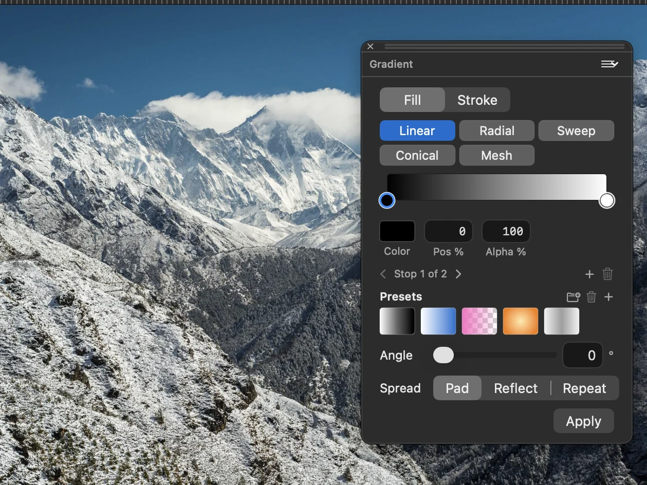 Gradient palette in use over an illustration
