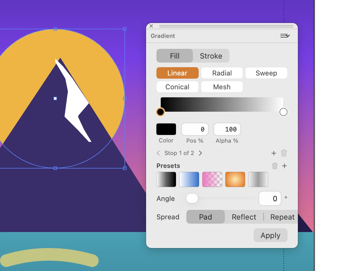 Gradient palette in use over an illustration