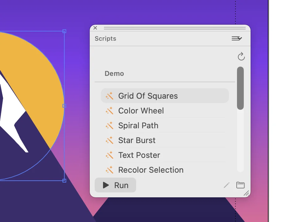 Scripts palette in use over an illustration