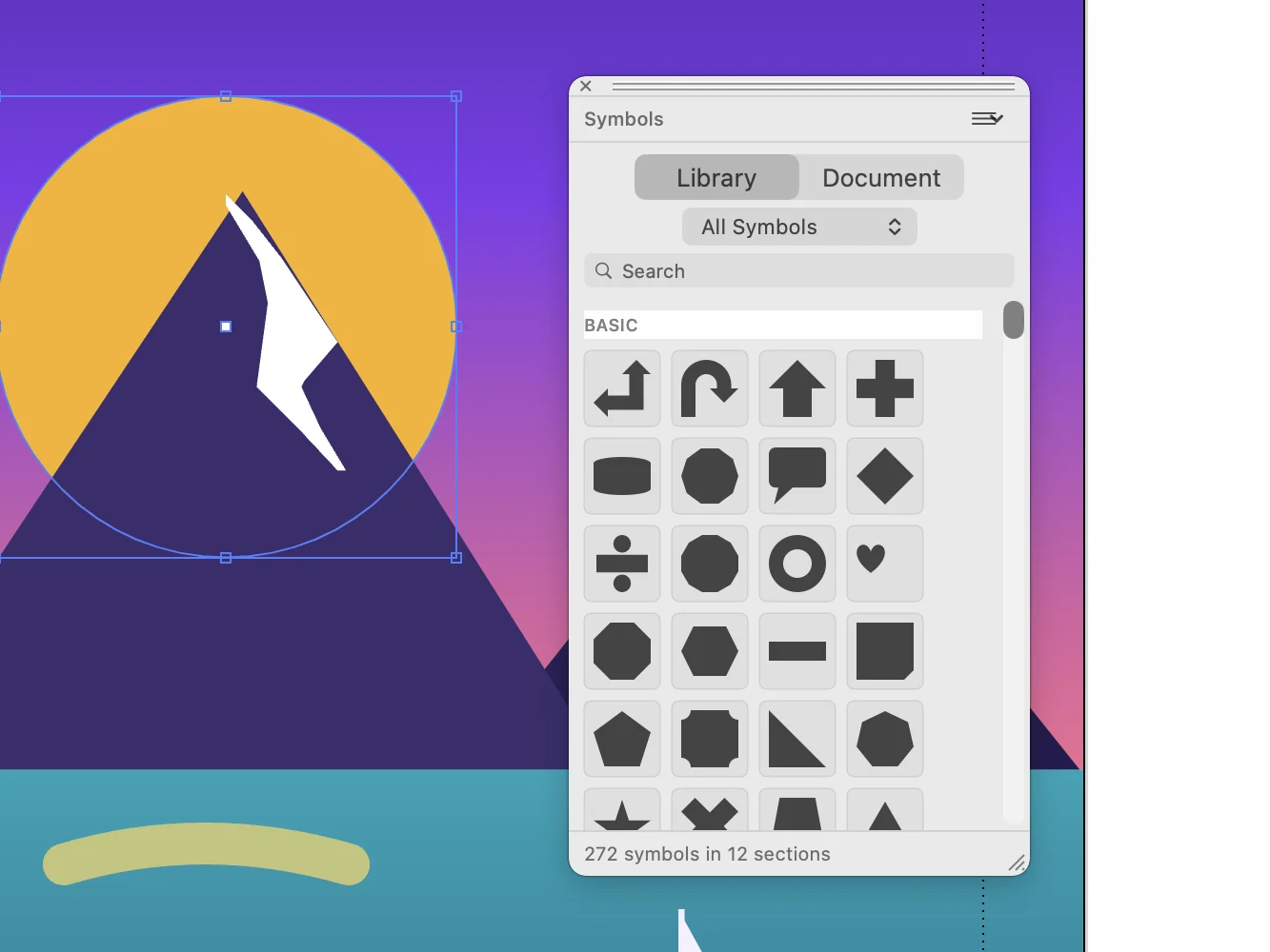 Symbols palette in use over an illustration