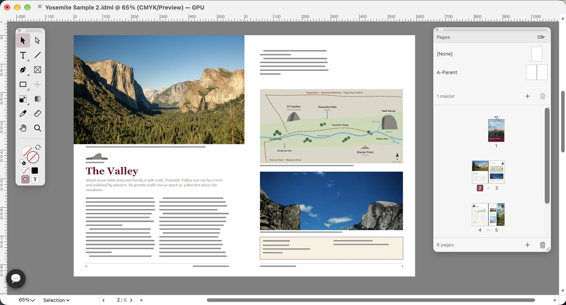 MasterPage window with a two-page Yosemite spread: photo, map, headings and linked text, with the Pages palette