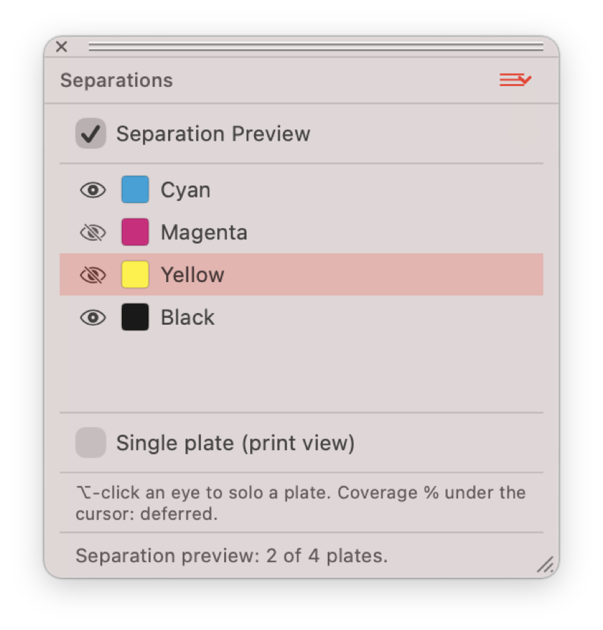 Separations palette with CMYK plates