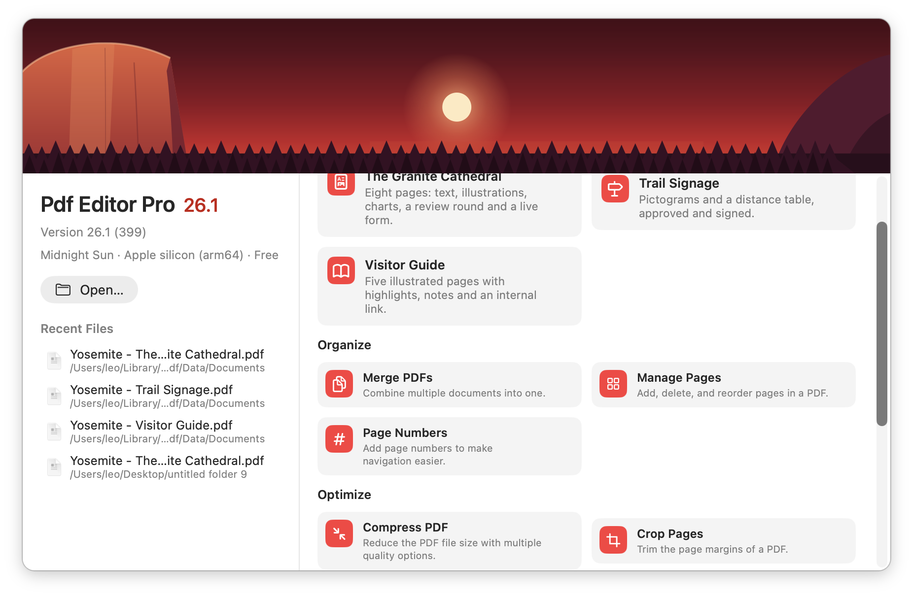 Pdf Editor welcome window with sample documents, recent files and quick actions