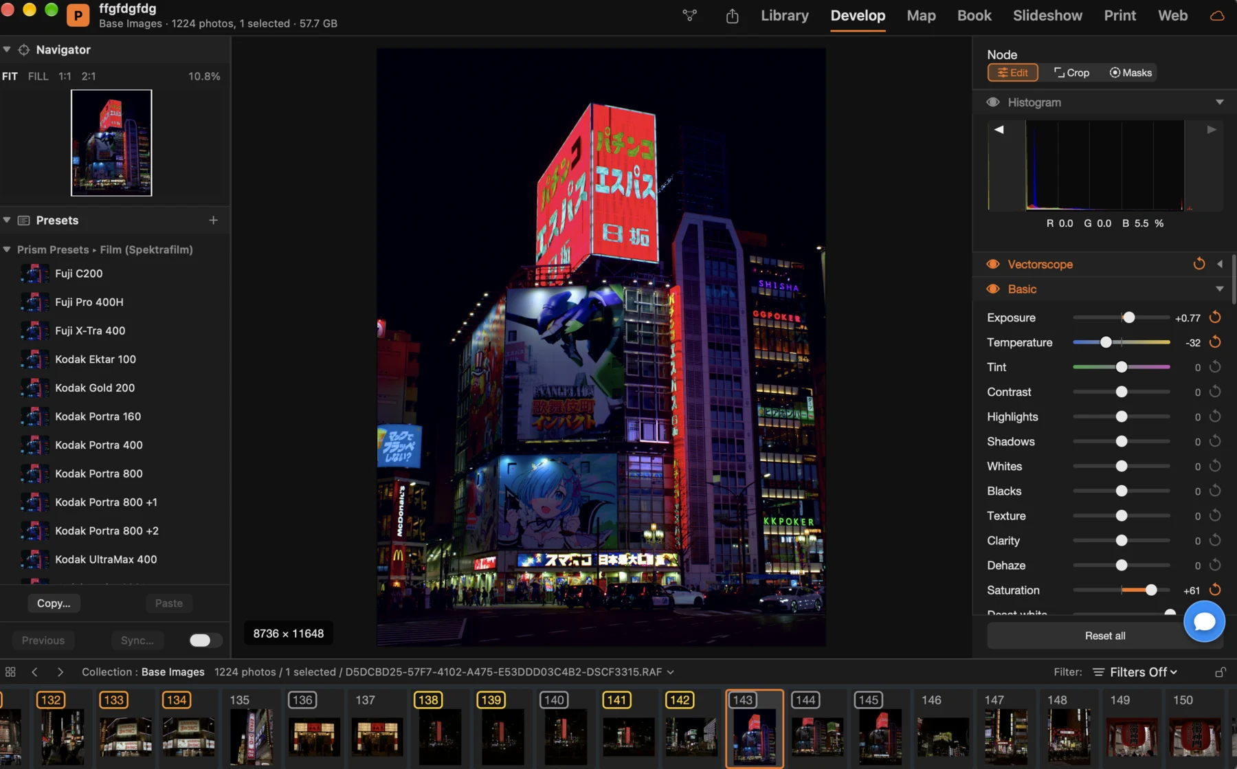 Prism Develop module: a night photo of neon signs in Tokyo, the Navigator and presets on the left, the node's histogram and Basic sliders on the right, the filmstrip below