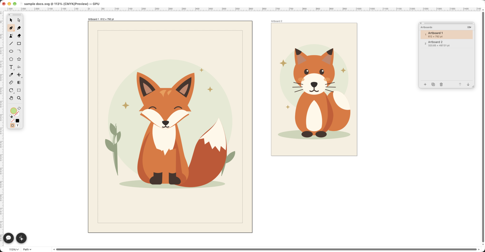 SVG Editor for Mac showing two artboards side by side, a letter-size poster and a smaller card, with the Artboards palette listing both