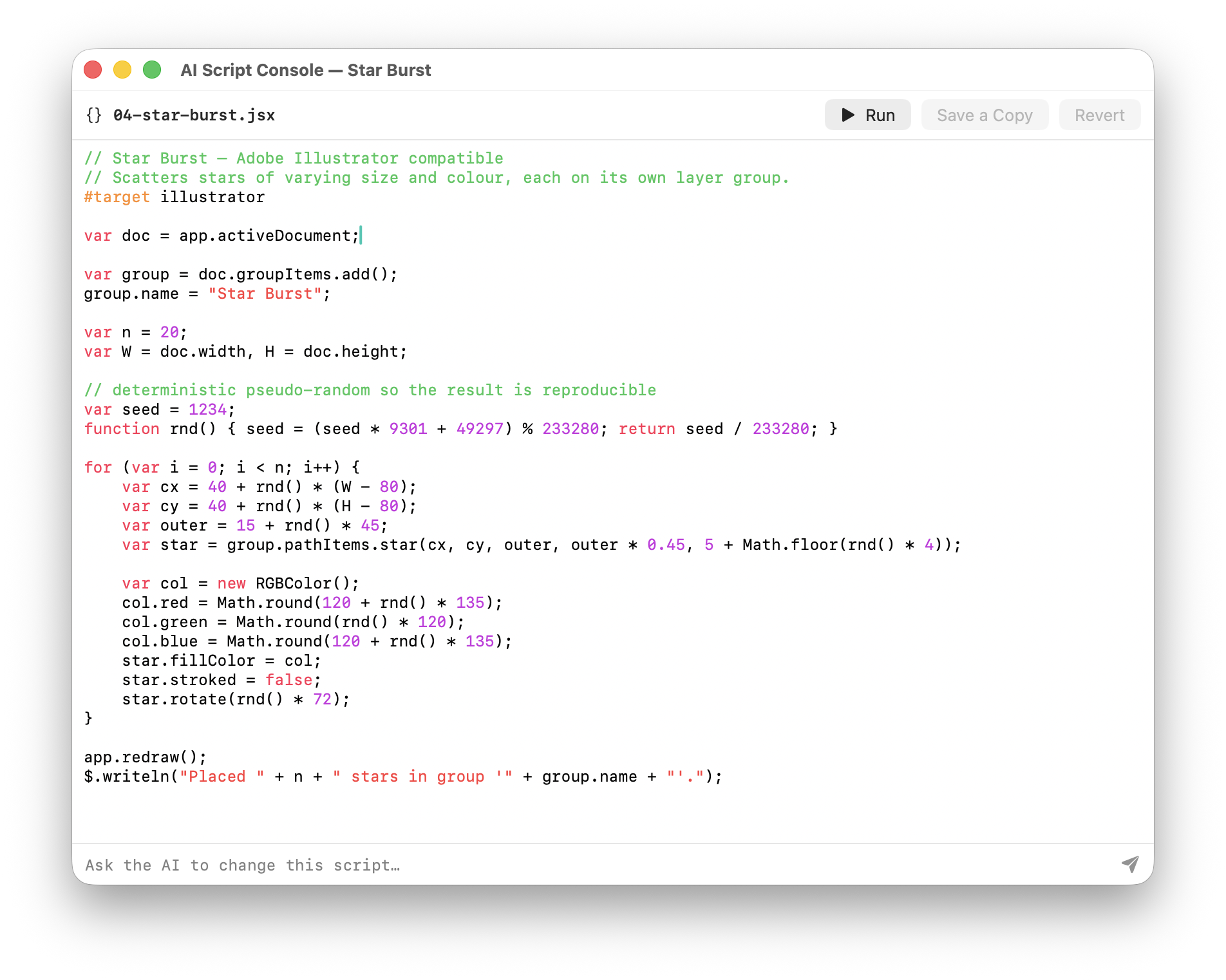 AI Script Console editing a Star Burst JSX script