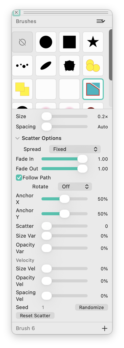 Brushes palette with scatter brush controls