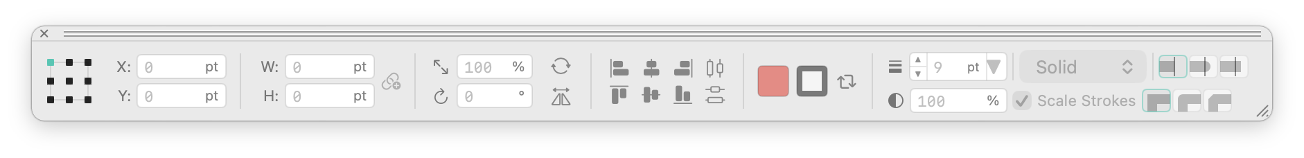 Control Palette with transform, alignment, fill, stroke and opacity fields