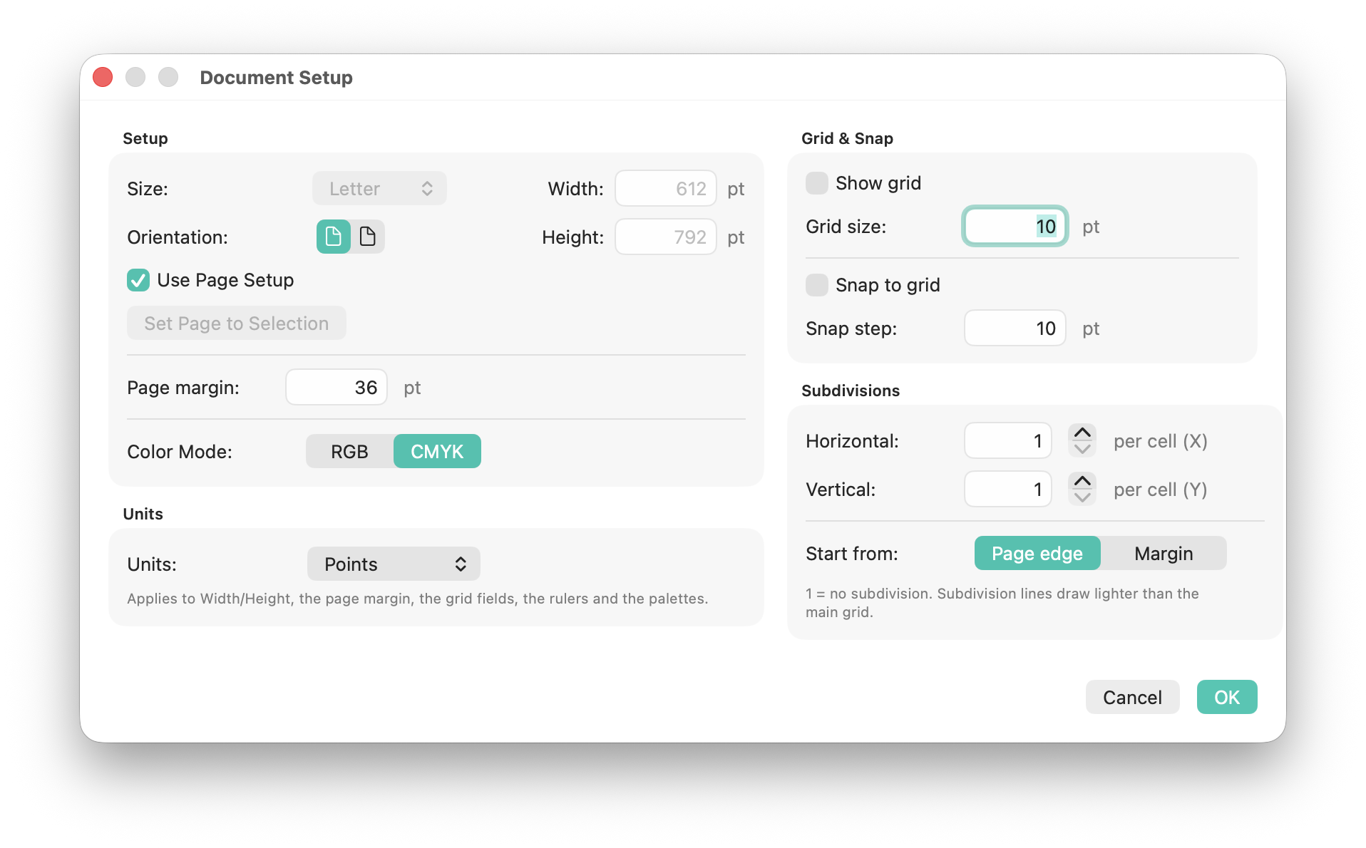 Document Setup dialog with CMYK mode and grid settings