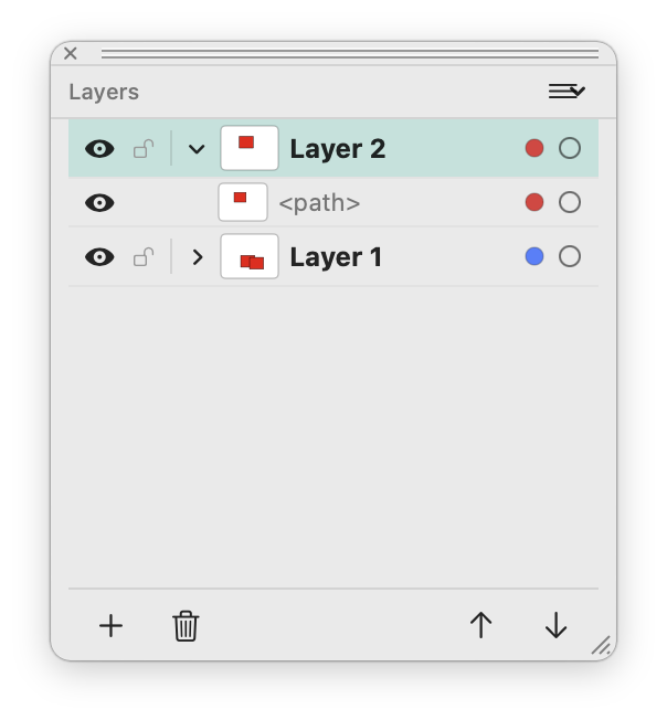 Layers palette with visible, locked and color-coded layers